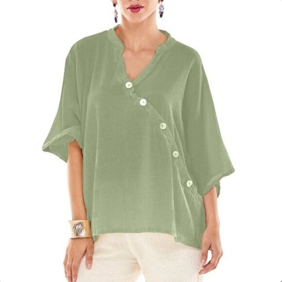 Oh My Gauze! Pastel Green Sage Asymmetric Button Front Short Sleeve Cotton Top - Picture 2 of 9